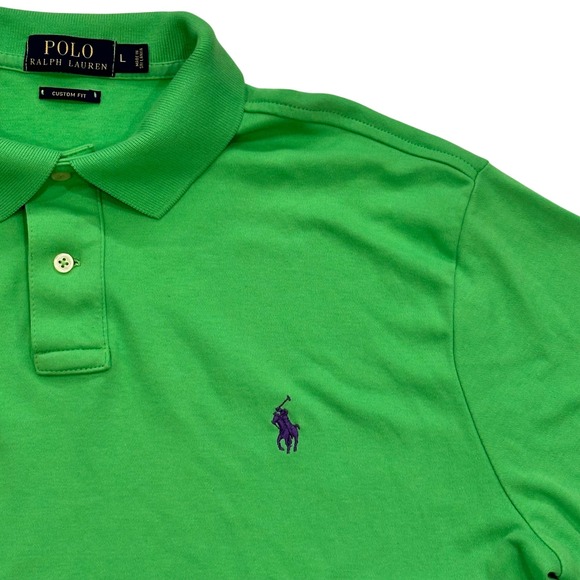 Polo Ralph Lauren Custom Fit Polo Shirt Mens Large L Green Purple Logo - Picture 1 of 9